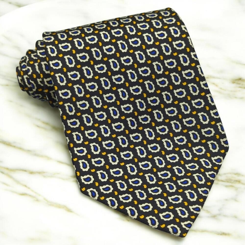 Polo Ralph Lauren Silk Tie Paisley Foulard 55.5 x 4 Black White Blue Yellow VTG